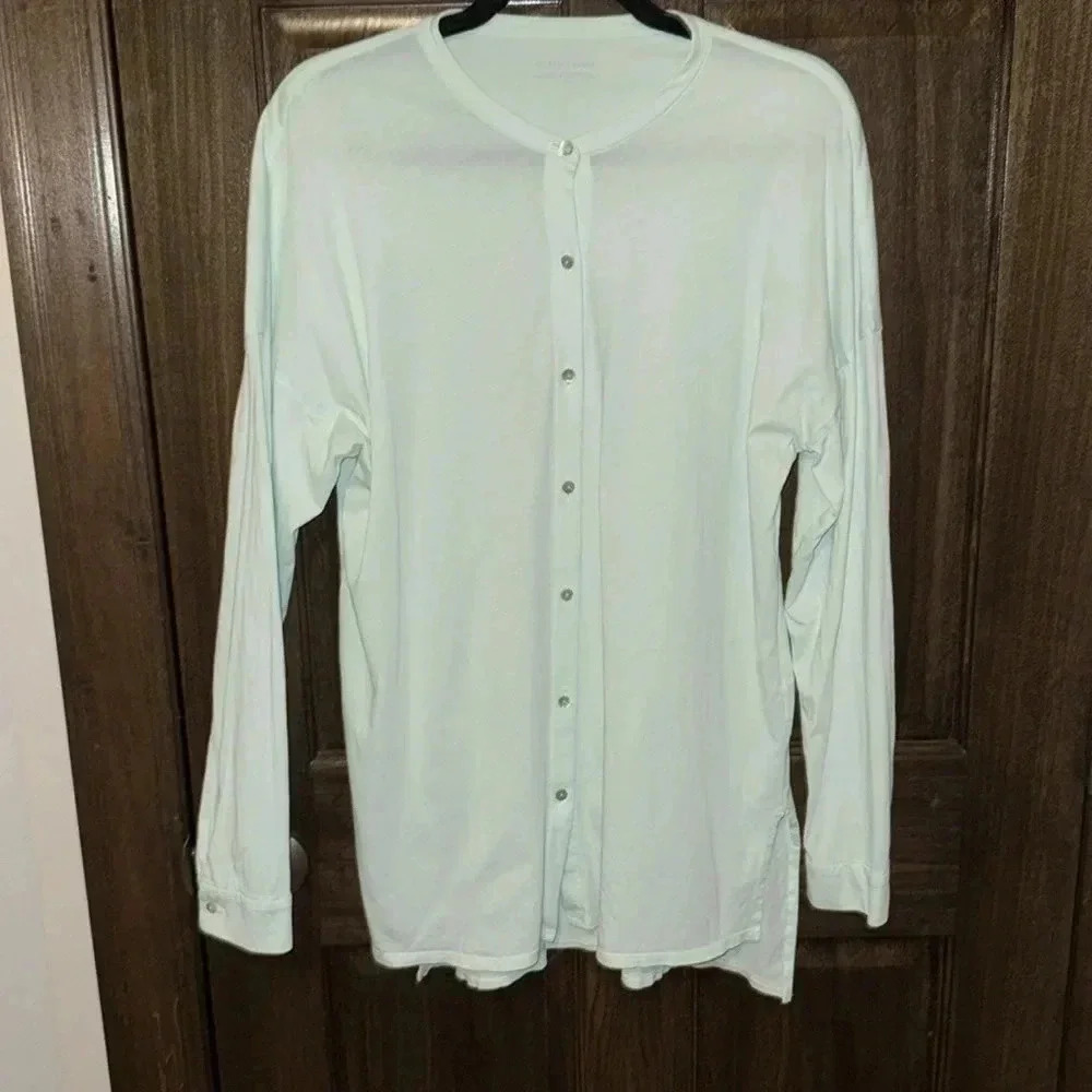 Eileen Fisher Long Sleeve Blouse Light Mint Green Womens Med 100% Cotton EUC